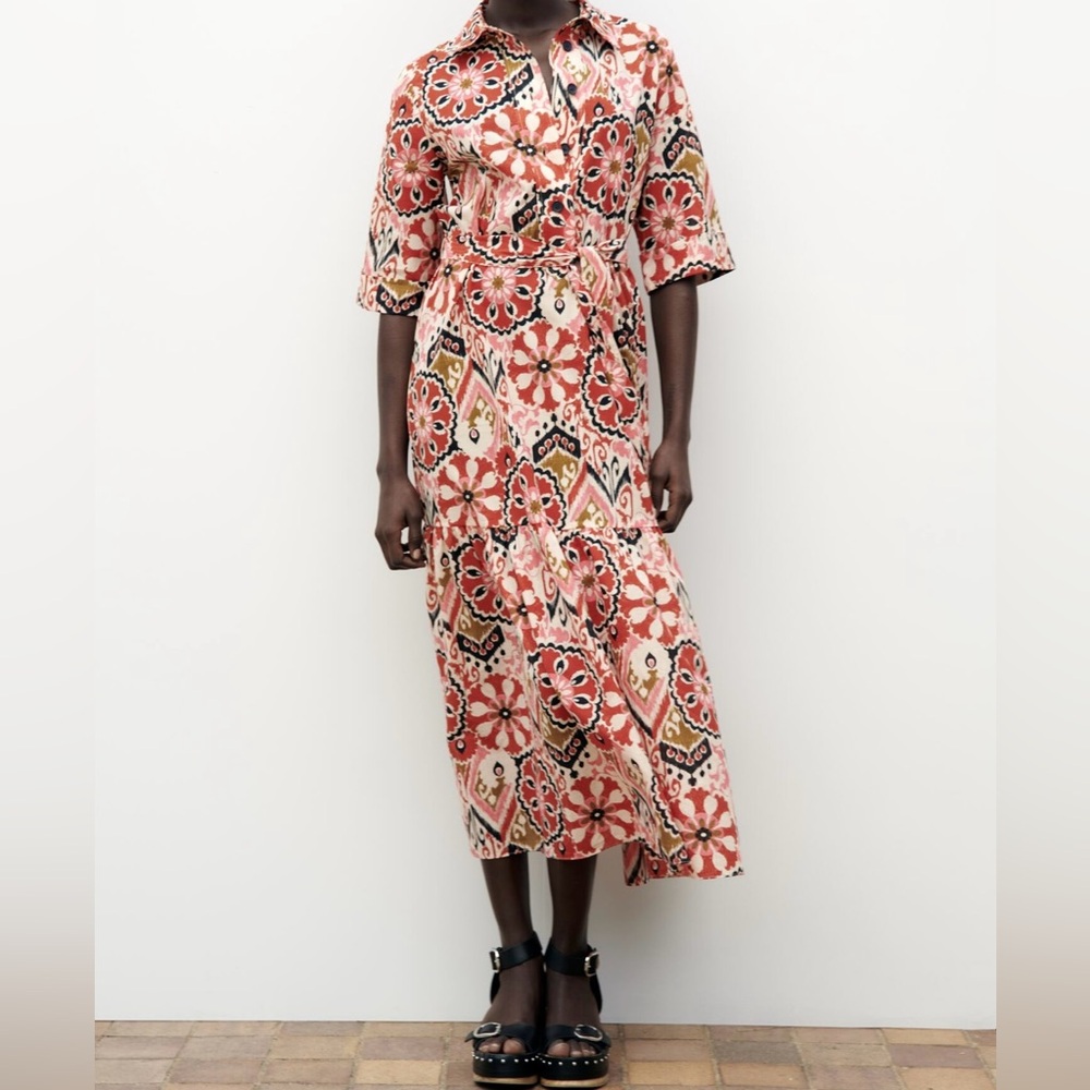 Zara Printed Belted Midi Dress